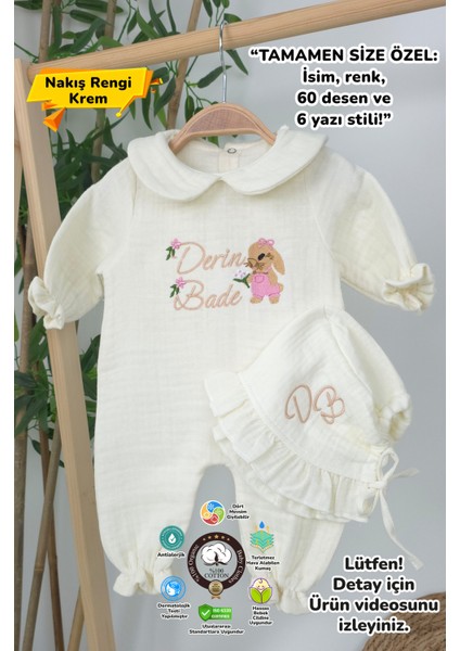 Müslin Yeni Doğan 4katlı Organik %100PAMUK Kişiye Özgü Nakışlı Hastane Çıkış Seti(Tavşan Model-3)