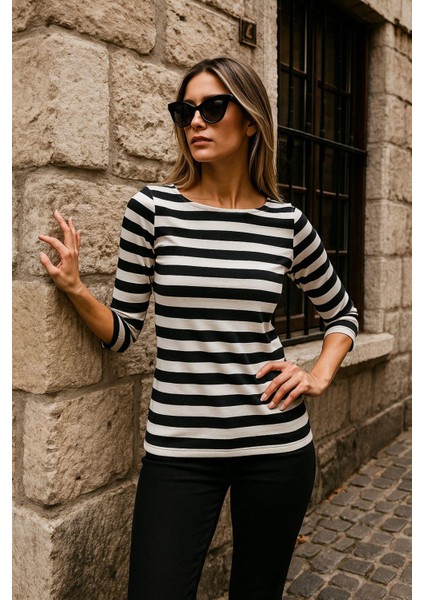 Kadın Çizgili Basic Bluz - Siyah-Beyaz 3/4 Kol - Günlük Rahat Şık Kombin - Yeni Sezon Trend