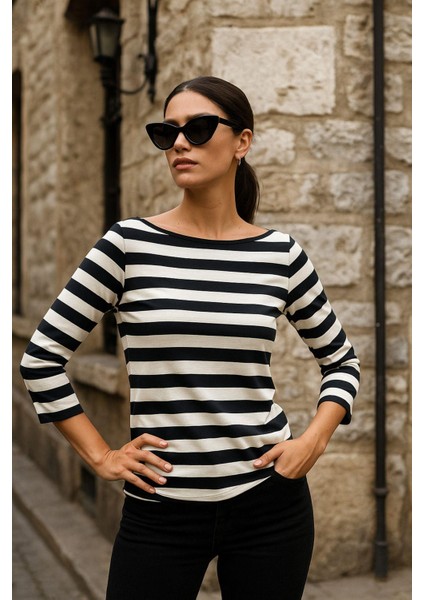 Kadın Çizgili Basic Bluz - Siyah-Beyaz 3/4 Kol - Günlük Rahat Şık Kombin - Yeni Sezon Trend modelleri