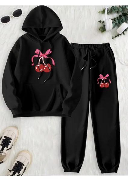 Kiraz Baskılı Kadın Rahat Kalıp Oversize Eşofman Takımı