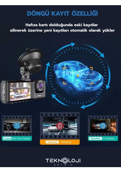 1080P Dash Cam Full Hd Araç Içi Kamera Ön Arka ve Iç Kayıt 3 Kamera Gece Görüşlü G Sensör Geniş Açı