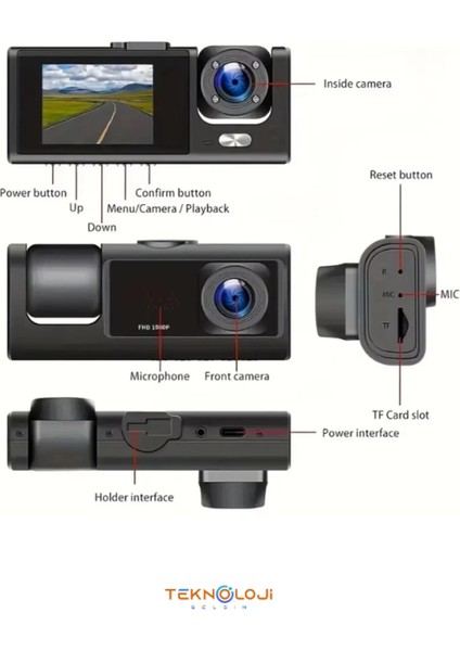 1080P Dash Cam Full Hd Araç Içi Kamera Ön Arka ve Iç Kayıt 3 Kamera Gece Görüşlü G Sensör Geniş Açı