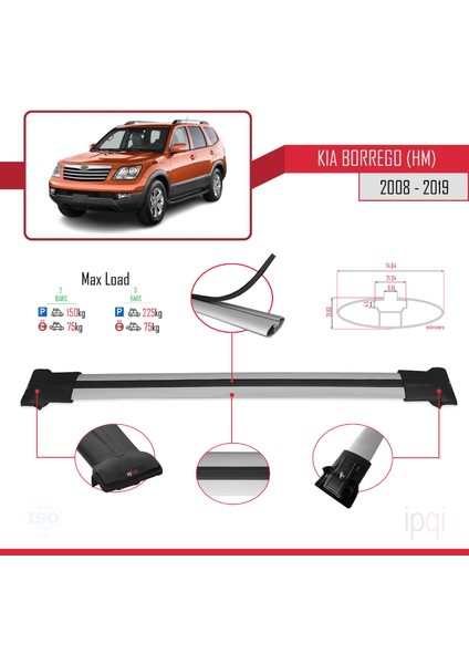 Kia Borrego (Hm) 2008-2019 Arası ile Uyumlu Fly Model Ara Atkı Tavan Barı Gri 2 Adet modelleri