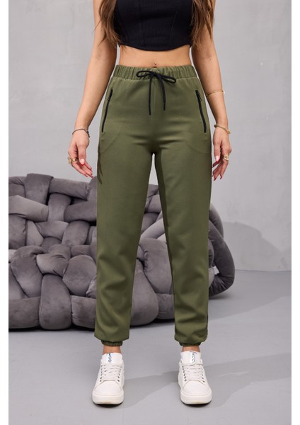 Kadın Yüksek Bel Likralı Rahat Kumaş Jogger Beli Lastikli Pantolon
