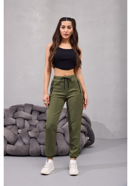 Kadın Yüksek Bel Likralı Rahat Kumaş Jogger Beli Lastikli Pantolon indirimleri