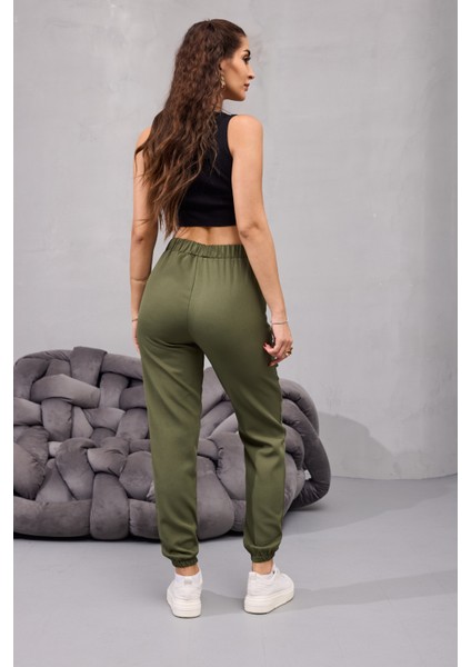 Kadın Yüksek Bel Likralı Rahat Kumaş Jogger Beli Lastikli Pantolon