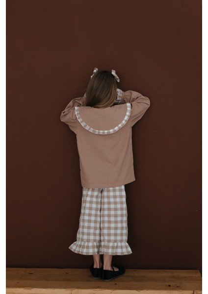 Mabel Krem Beyaz Ekoseli Fırfırlı Geniş Paça Pantolon modelleri