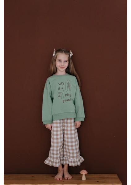 Mabel Krem Beyaz Ekoseli Fırfırlı Geniş Paça Pantolon indirimleri