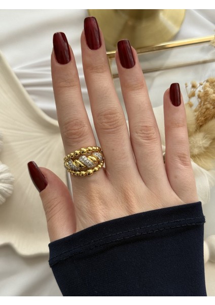 Taşlı Burgulu Gold Yüzük