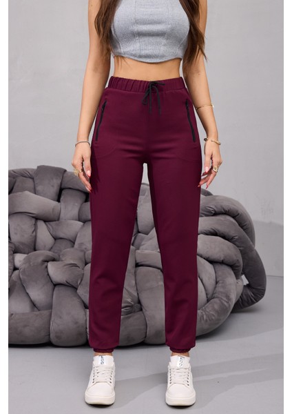 Kadın Yüksek Bel Likralı Rahat Kumaş Jogger Beli Lastikli Pantolon