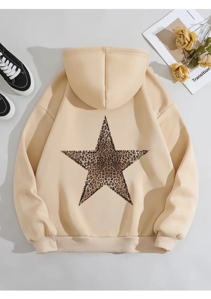 Trend Leopar Yıldız Baskılı Rahat Kalıp Kadın Oversize Kapüşonlu Sweatshirt