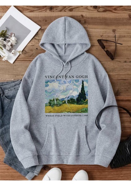 Unisex Vincent Van Gogh Baskılı Oversize Kapüşonlu Sweatshirt