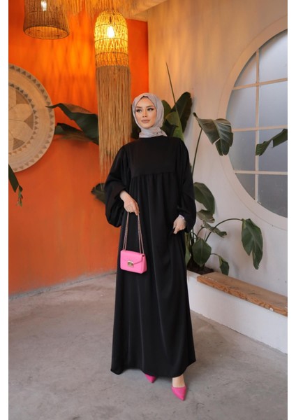 Açık Bej Tesettür Balon Kollu Oversize Elbise Standart Beden ( 36 - 42 ) Uyumludur 1692