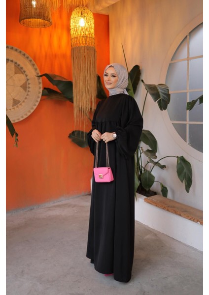 Açık Bej Tesettür Balon Kollu Oversize Elbise Standart Beden ( 36 - 42 ) Uyumludur 1692 indirimleri