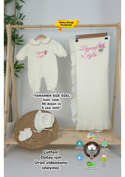 Müslin Yeni Doğan 4katlı Organik %100PAMUK Kişiye Özgü Nakışlı Hastane Çıkış Seti (Lavanta Model-2)