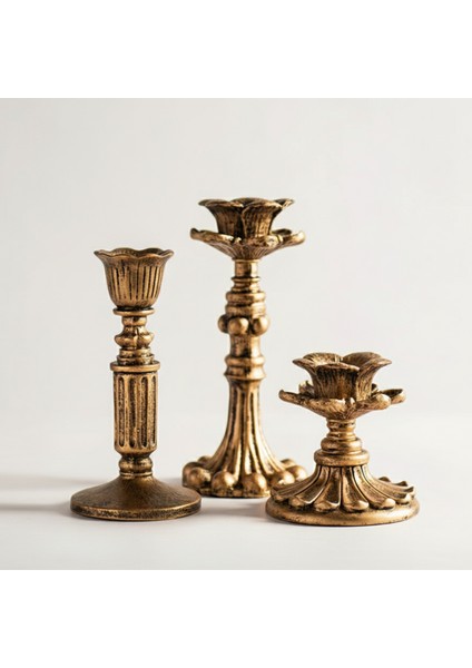 3'lü Şamdan Mumluk-Gold Eskitme Dekorasyon-Fransız-Romantik-Nostalji-El Sanatı Üçlü Şamdanlık