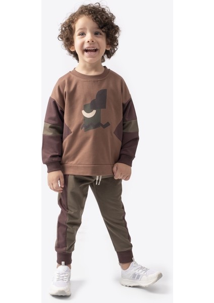 Dino Baskılı Erkek Çocuk Kahve Alt - Üst Takım