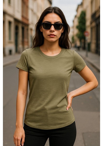 Kadın %100 Organik Pamuklu Relaxed Yıkamalı T-Shirt Bisiklet Yaka Kısa Kollu Kadın Basic Tişört