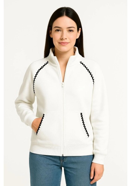 Kadın Oversize Dik Yaka Fermuarlı Sweatshirt - Zincir Nakışli Kanguru Cepli, - Beyaz
