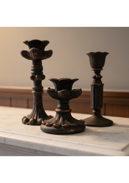 Pamircandles 3'Lü Şamdan Mumluk Fransız Romantik Antik El Sanatı Bronz Eskitme Dekoratif Şamdanlık (Üçlü) retro fiyatları