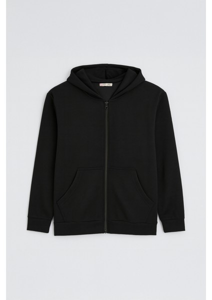 2025 Kadın Fermuarlı Basic Kapüşonlu Modal Sweatshirt Hoodie Siyah