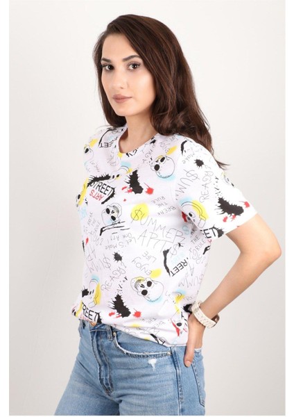 Kadın Baskılı Bisiklet Yaka Oversize T-Shirt