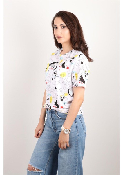 Kadın Baskılı Bisiklet Yaka Oversize T-Shirt modelleri