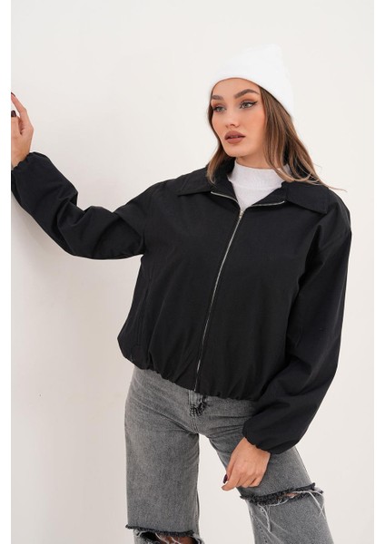 Yakalı Fermuarlı Fleto Cepli Beli Lastikli Siyah Mont SRP1196