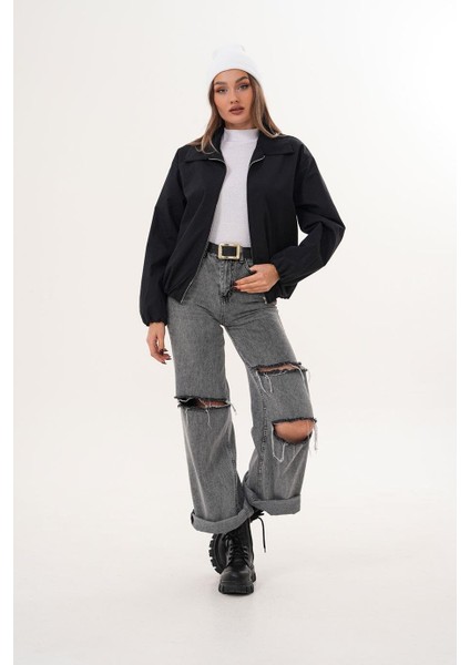 Yakalı Fermuarlı Fleto Cepli Beli Lastikli Siyah Mont SRP1196 modelleri