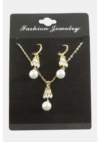 Allzey Kalp Inci Zirkon Taşlı Set Kolye-Renkli