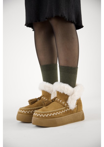 219851142-11P Kadın Yumuşak Rahat Kürklü Bot - Tekstil Süet Kışlık Taba Bot