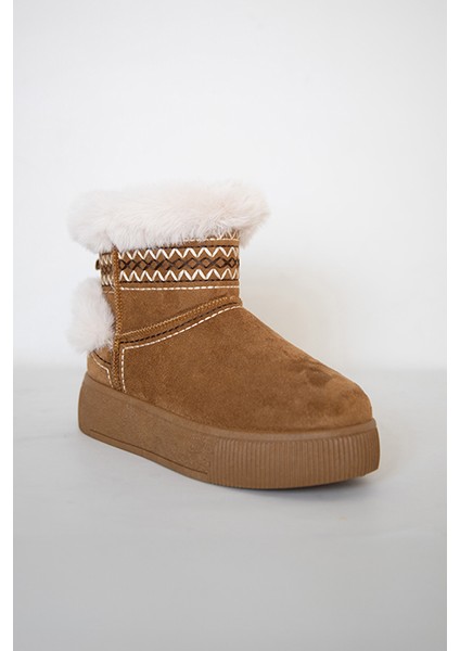 219851142-11P Kadın Yumuşak Rahat Kürklü Bot - Tekstil Süet Kışlık Taba Bot modelleri