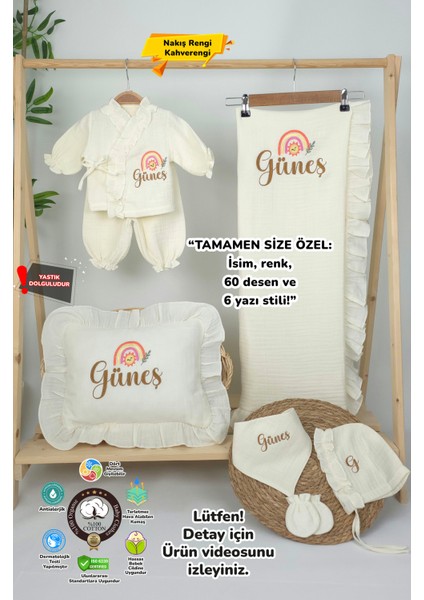 Müslin Yeni Doğan 4katlı Organik %100PAMUK Kişiye Özgü Nakışlı Hastane Çıkış Seti(Gökkuşağı Model-3)