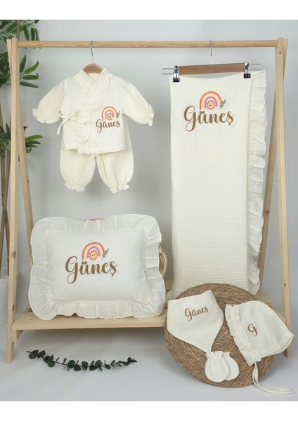 Müslin Yeni Doğan 4katlı Organik %100PAMUK Kişiye Özgü Nakışlı Hastane Çıkış Seti(Gökkuşağı Model-3) fiyatları