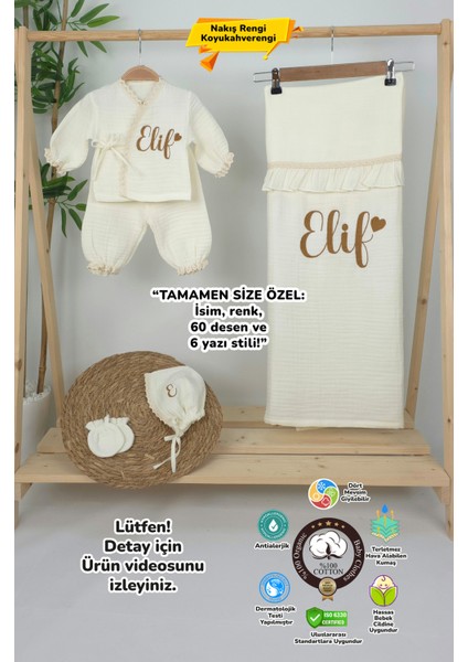 Müslin Yeni Doğan 4katlı Organik %100PAMUK Kişiye Özgü Nakışlı Hastane Çıkış Seti (Kalpli Model-8)