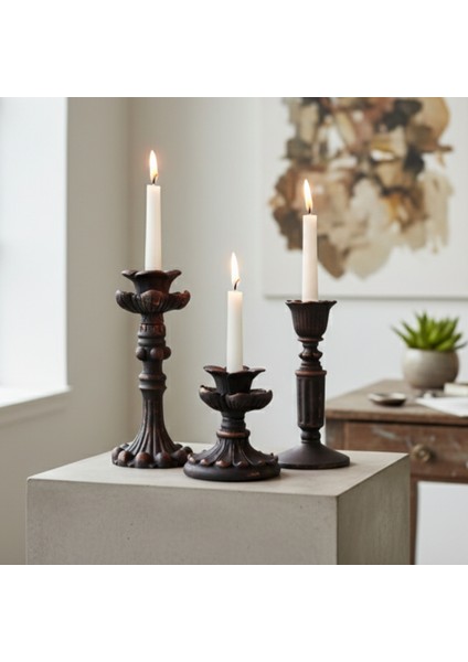 Pamircandles 3'Lü Şamdan Mumluk Fransız Romantik Antik El Sanatı Bronz Eskitme Dekoratif Şamdanlık (Üçlü) retro