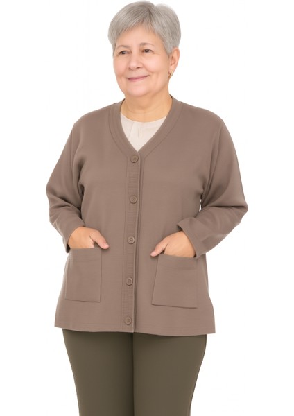 Düğmeli Cepli Çelik Örgü Klasik Anne Hırka