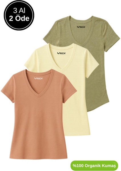 Kadın 3'lü Paket Haki-Sarı-Kahverengi %100 Organik Pamuk Normal Kesim Tişört V Yaka T-Shirt