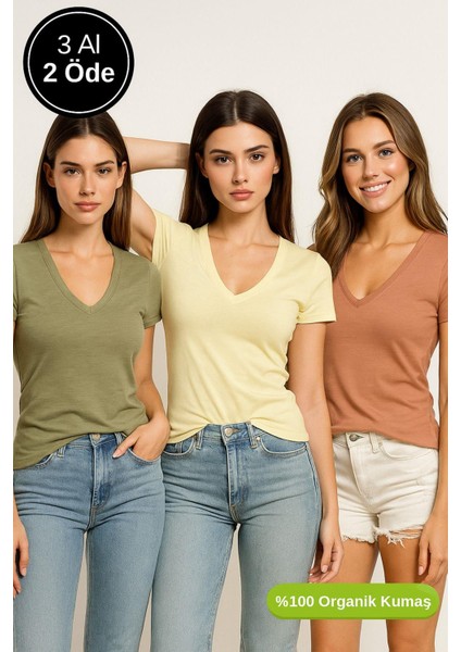 Kadın 3'lü Paket Haki-Sarı-Kahverengi %100 Organik Pamuk Normal Kesim Tişört V Yaka T-Shirt fırsatları