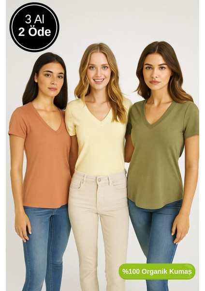 Kadın 3'lü Paket Haki-Sarı-Kahverengi %100 Organik Pamuk Normal Kesim Tişört V Yaka T-Shirt indirimleri