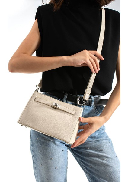 ,Kilit Detaylı ,krem Bayan Omuz ve Çapraz Çantası