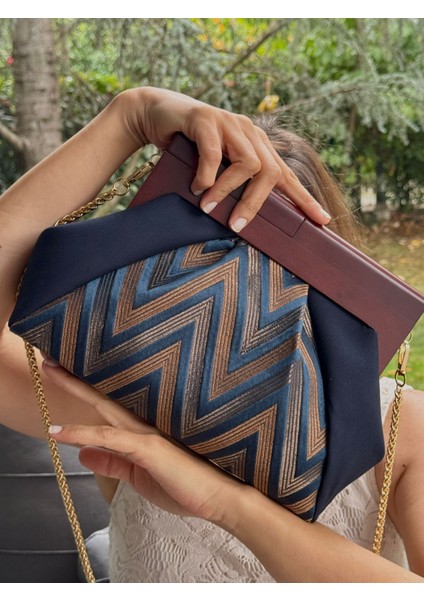 Patchwork, Zincirli, Ahşap Burslu Çanta, Clutch, El Çantası, Kol Çantası, Omuz Çantası