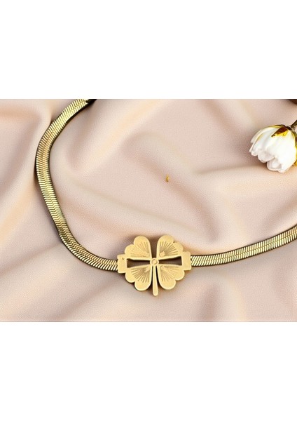 Yonca Bileklik 14K Altın Rengi Italyan Ezme Zincir Çelik