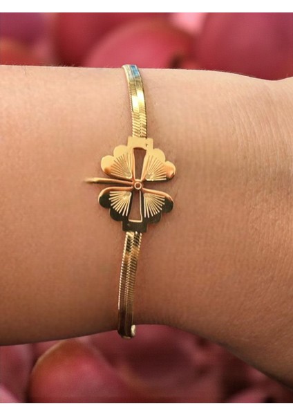 Yonca Bileklik 14K Altın Rengi Italyan Ezme Zincir Çelik fiyatları