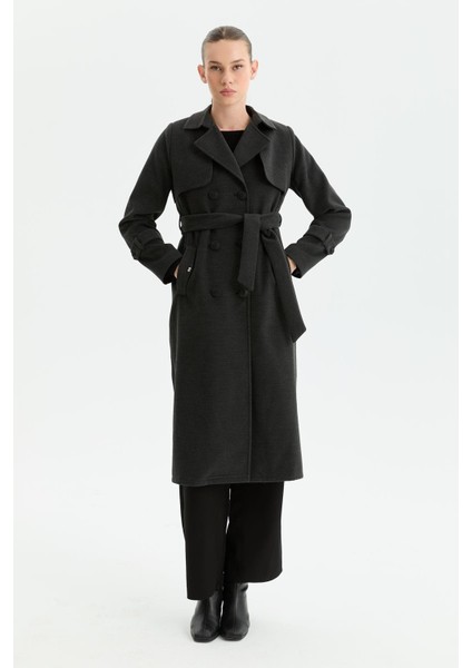 Kışlık Kaşe Kadın Kaban Genç Spor Çift Düğme Kruaze Gri 2602