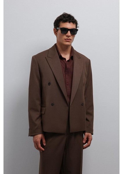 Kahve Kruvaze Relax Crop Fit Blazer Ceket