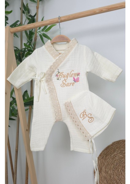 Müslin Yeni Doğan 4katlı Organik %100PAMUK Kişiye Özgü Nakışlı Hastane Çıkış Seti(Kelebekli Papatya)