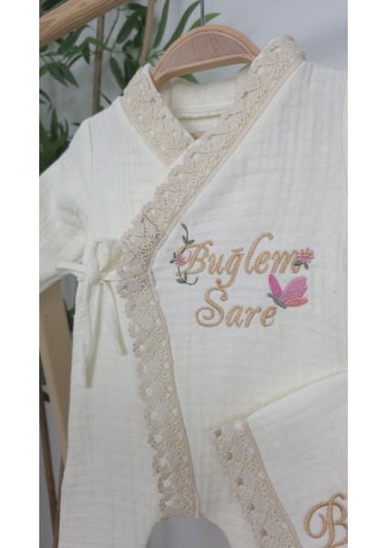 Müslin Yeni Doğan 4katlı Organik %100PAMUK Kişiye Özgü Nakışlı Hastane Çıkış Seti(Kelebekli Papatya) fiyatları