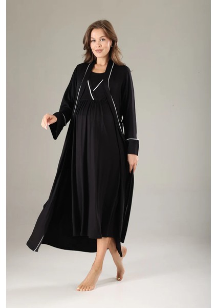 Pamuklu Biyeli Kruvaze Yaka Emzirmeye Hastane ve Günlük Kullanıma Uygun Gecelik Sabahlık Takımı