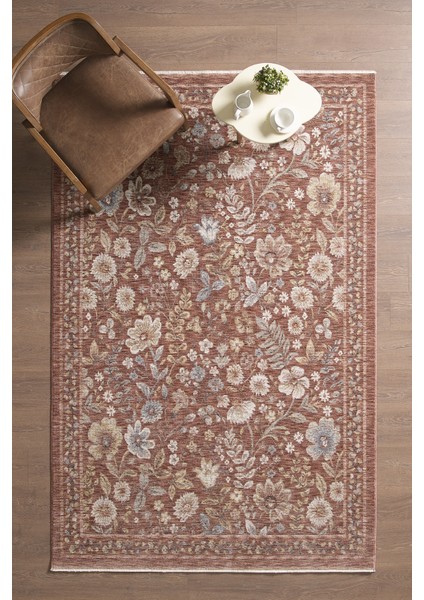 Frezia Floral Bambu Polyester Oturma Odası Salon Mutfak Halısı Eskitme Çiçekli Vintage Halı